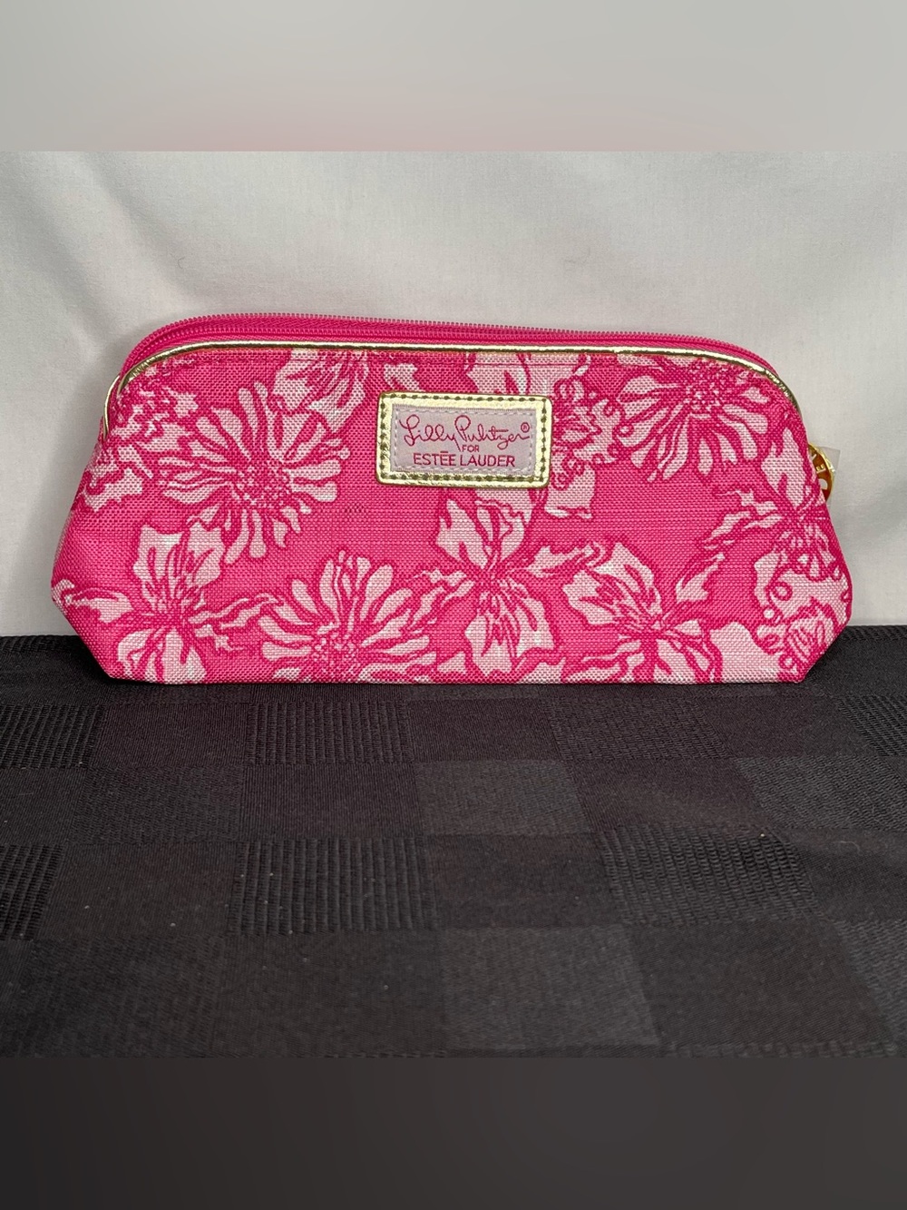 Lilly Pulitzer for Estee Lauder Pink Floral Cosmetic Bag with Gold Trim